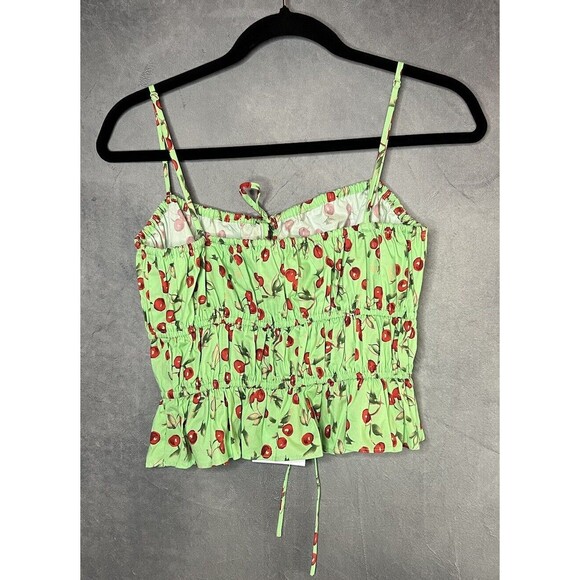 WAYF Cherries Green Camisole Top Elastic Trim Cotton Front Cut Out Ties Women S - Picture 3 of 12